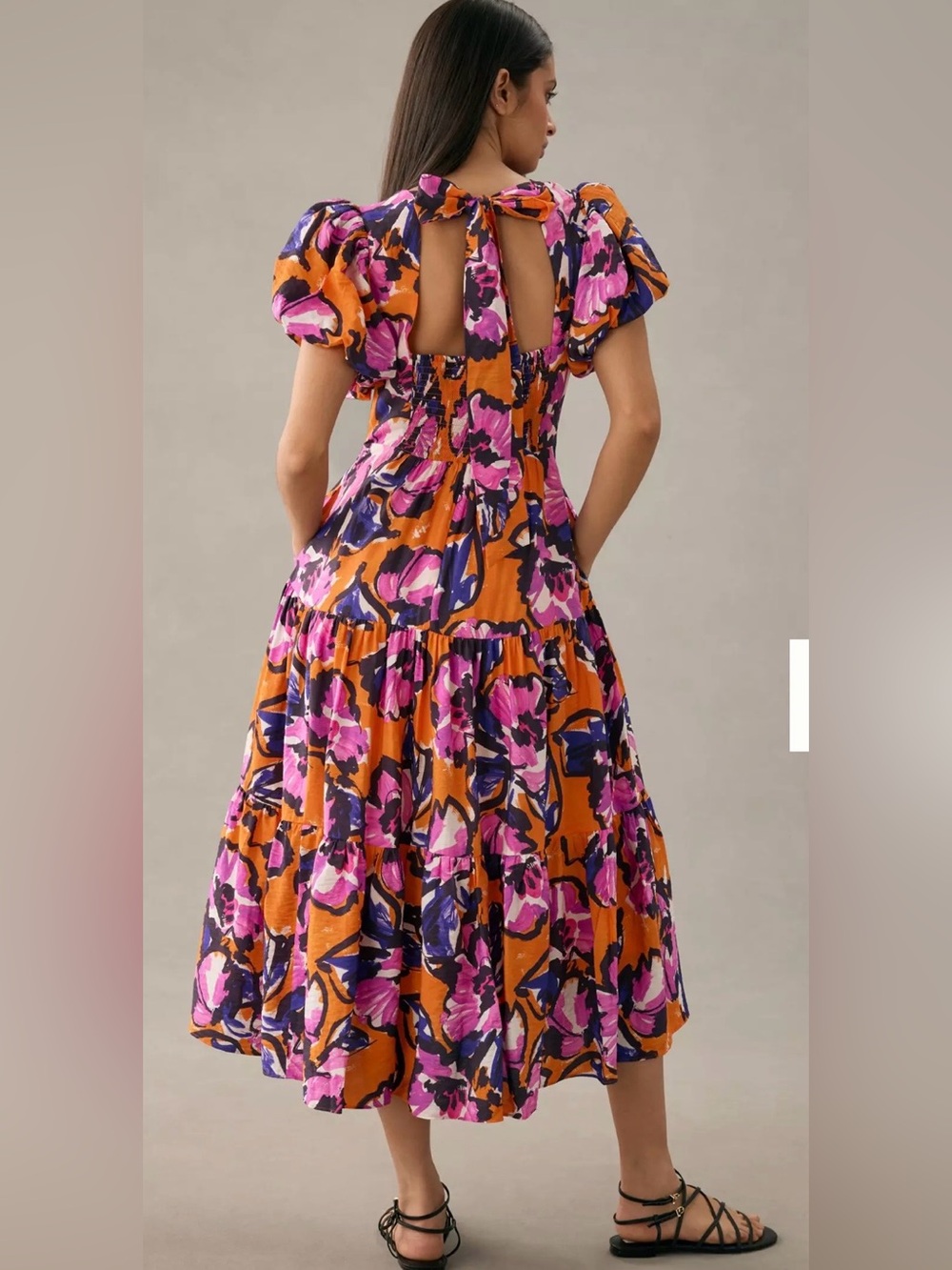 Anthropologie Puff Sleeve Floral Midi Dress XL Open Back Cottagecore Boho Flowy - Picture 2 of 12